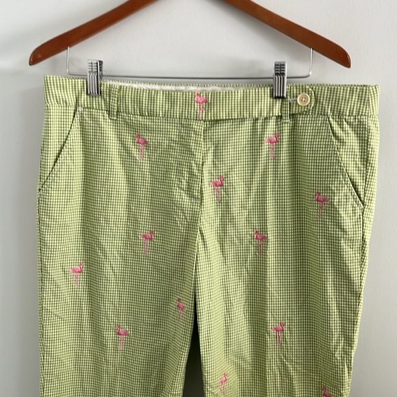 J. crew stretch low fit cropped pants flamingo embroidery green white gingham - Picture 2 of 7